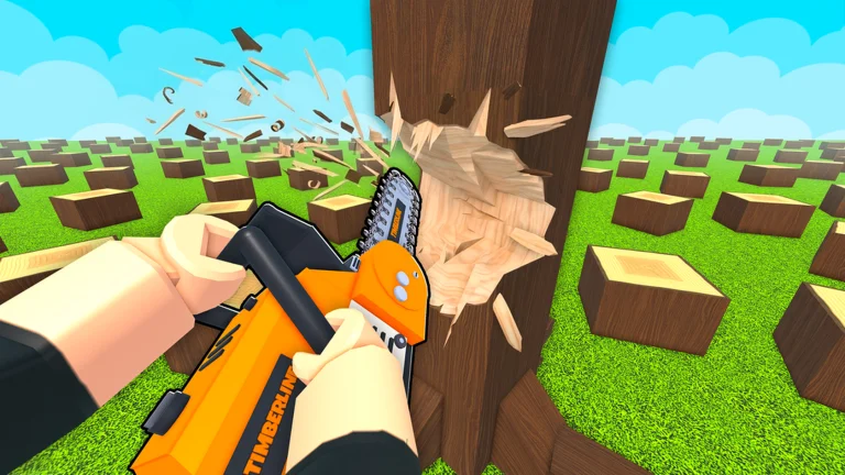Orange chainsaw cutting a tree in Chop A Forest