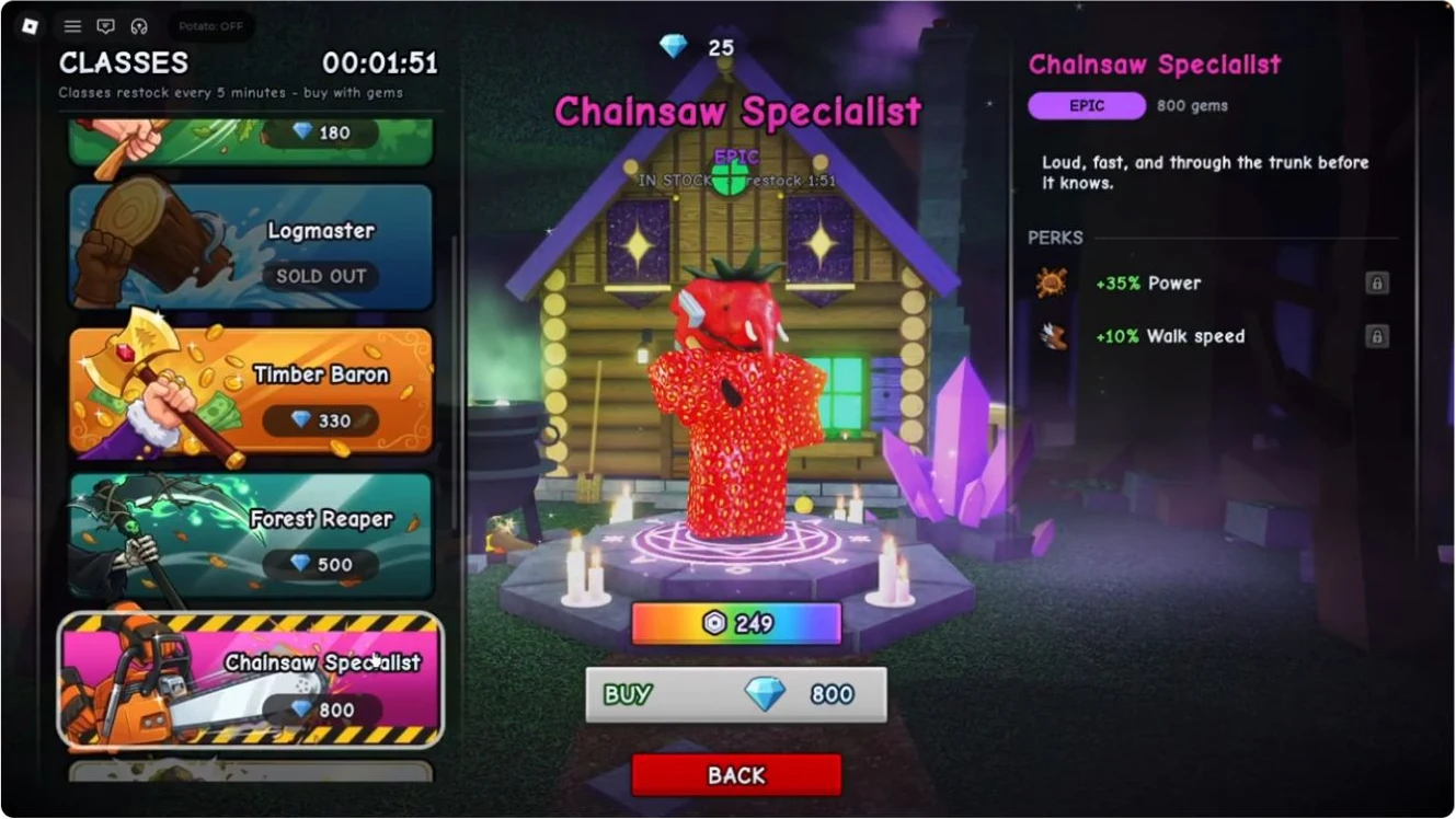 Chainsaw Specialist menu showing +35% Power, +10% Walk speed, 800 Gems and 249 Robux