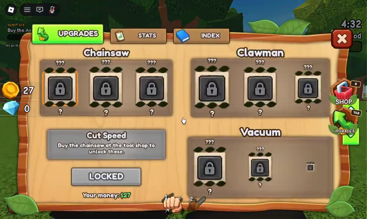 Locked Chainsaw Cut Speed upgrade instructing the player to buy the Chainsaw at the Tool Shop